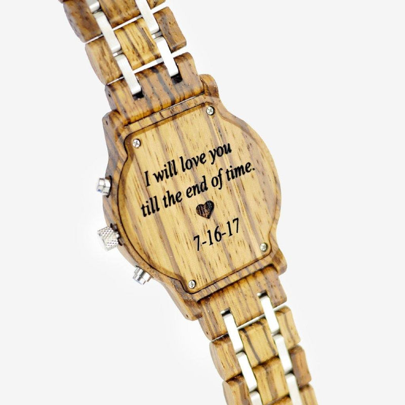 engraved wooden watch
